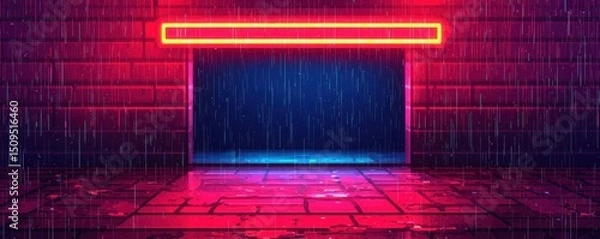Obraz Neon-lit entrance with rain falling on a futuristic, glowing brick alleyway at night.