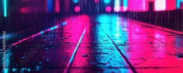 Obraz Wet city pavement glows under vibrant neon lights as rain falls at night, creating a colorful, urban atmosphere.