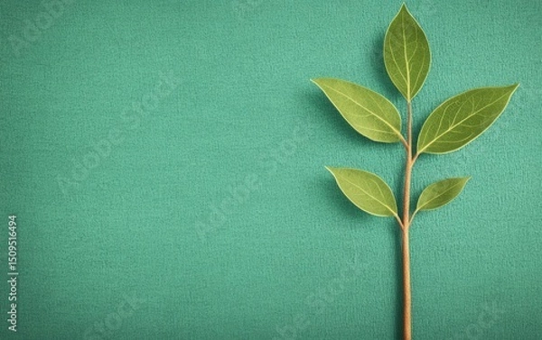 Fototapeta A single green plant stem with leaves is placed on a textured teal background, creating a minimal and fresh composition.