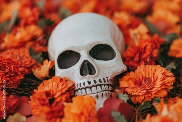 Obraz A white skull surrounded by vibrant orange marigold flowers, evoking a festive and symbolic atmosphere.