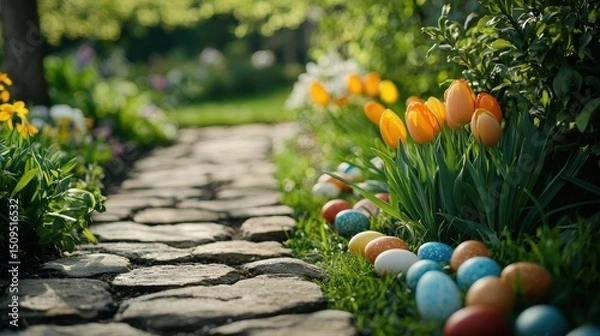 Obraz Colorful Easter eggs and blooming tulips decorate a sunlit garden path, creating a festive spring atmosphere.