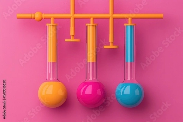 Obraz Three colorful laboratory flasks are suspended on a bright pink background, featuring vibrant orange, pink, and blue hues.
