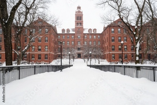 Obraz A historic red-brick building surrounded by snow-covered trees and paths during winter.