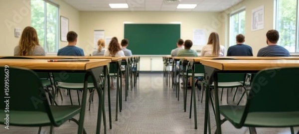 Obraz Students sit facing a chalkboard in a bright, modern classroom with large windows and empty chairs in the foreground.