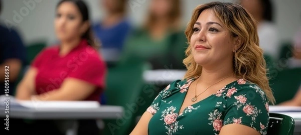Obraz A woman attentively listens during a classroom session, surrounded by other focused adult students.