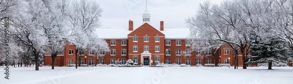 Obraz Red brick building surrounded by snow-covered trees in a serene winter landscape.