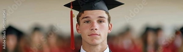 Obraz A young graduate wearing a cap and gown looks forward, with classmates blurred in the background.