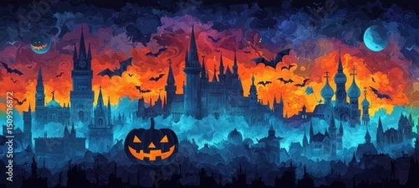 Obraz Spooky Halloween cityscape with gothic towers, bats, a glowing jack-o'-lantern, and a vibrant sunset sky.