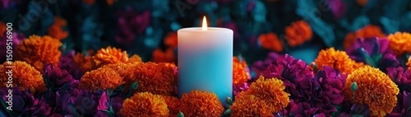 Obraz A white candle is surrounded by vibrant orange and purple marigold flowers, glowing softly in a dim, atmospheric setting.