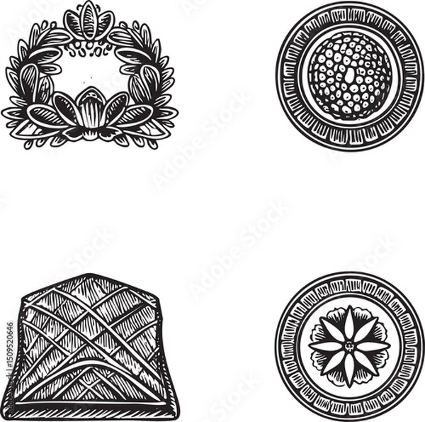 Obraz Four intricately patterned circular emblems displayed on a white background.