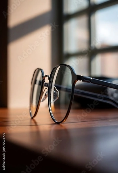 Fototapeta pair of glasses sitting on top of a wooden table