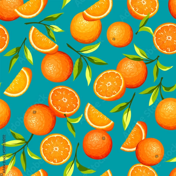 Obraz Seamless pattern with citrus orange fruit and green leaves on a blue background. Vector fruit print