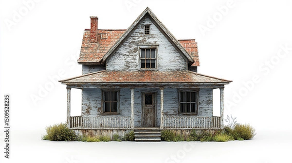 Fototapeta weathered house with rustic charm, surrounded by overgrown grass and weeds