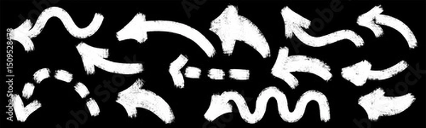 Fototapeta Grunge chalk textured bold thick arrows set. Paint brush stroke pointer. Pencil charcoal freehand direction. Scribble left curve, dotted sketch symbols. Doodle hand drawn isolated vector illustration