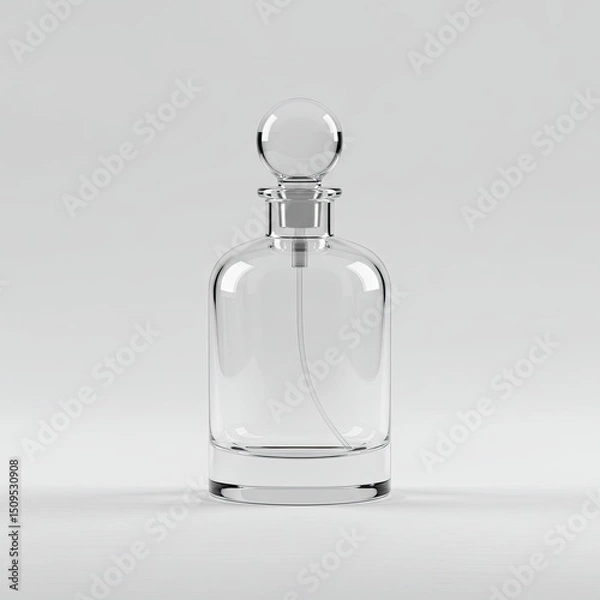 Fototapeta simplistic image features clear glass perfume bottle with spherical stopper,placed on plain white surface minimal shadowing.3d-style imitation.