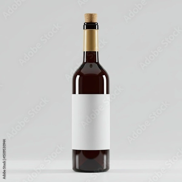 Fototapeta brown glass bottle with gold neck and cork stopper stands on white surface against pale background,awaiting personalized label.3d-style imitation.