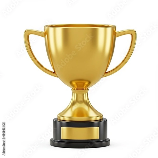 Fototapeta shining gold trophy with smooth handles sits atop black base featuring blank nameplate,presented against an expansive white background.3d-style imitation.