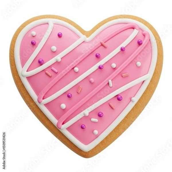 Fototapeta heart-shaped sugar cookie with golden-brown edge features coating of pink icing,decorated white stripes,and an assortment small,colorful candy sprinkles.3d-style imitation.