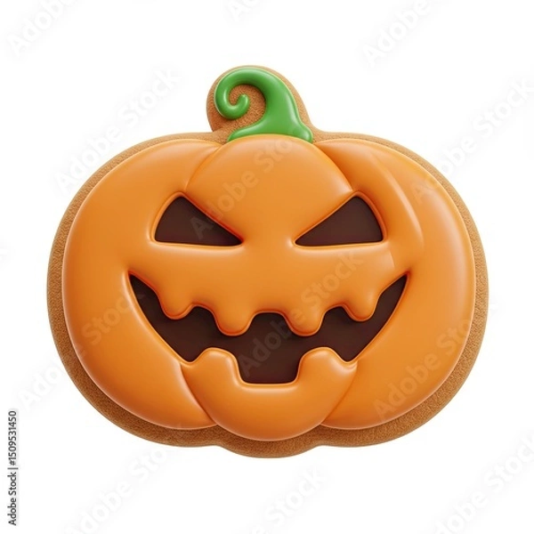 Fototapeta cheerful,smiling Jack-o'-lantern face is displayed on festive cookie decorated with green stem,making it delightful Halloween treat.3d-style imitation.