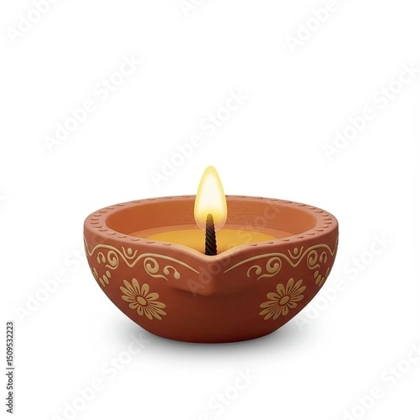Fototapeta single diya lamp,intricately adorned with floral designs,shines brightly against stark white backdrop,symbolizing hope and celebration.3d-style imitation.