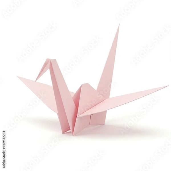 Fototapeta delicate,pastel-pink origami crane,its wings outstretched,is presented against clean,bright white backdrop,casting subtle shadow.3d-style imitation.