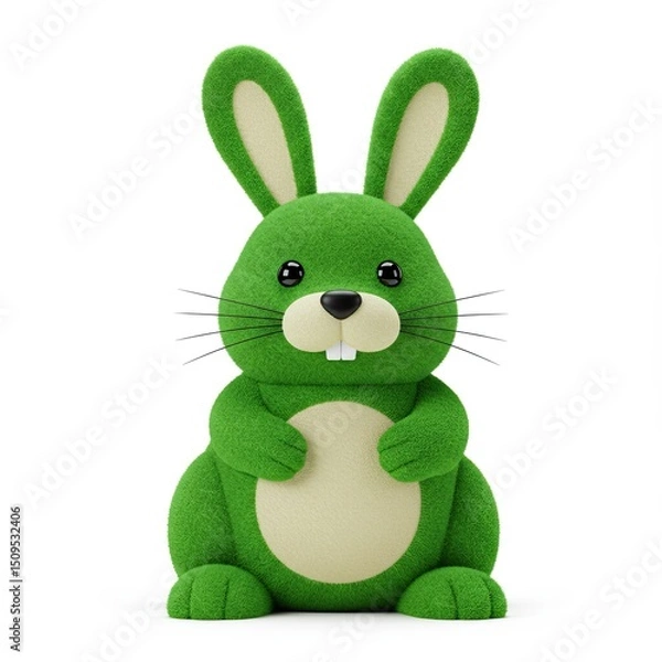 Fototapeta cute,green,cartoon-like bunny made of soft material is depicted sitting upright against stark white background,evoking sense playful charm.3d-style imitation.