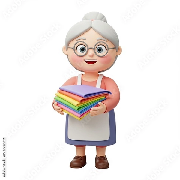 Fototapeta cheerful cartoon grandmother wearing glasses and an apron smiles while holding neatly folded stack of colorful linens.3d-style imitation.