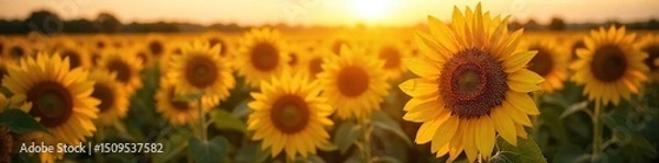 Obraz Golden hour sunlight bathes a field of ripe sunflowers, their heavy heads bowing under the summer sun A quintessential image of summer abundance and warmth , day, sky, field