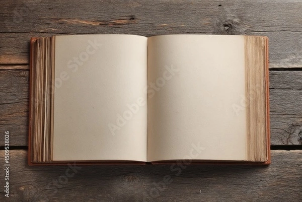 Fototapeta An open antique book with blank pages rests on a rustic wooden surface.  The aged paper and binding are visible