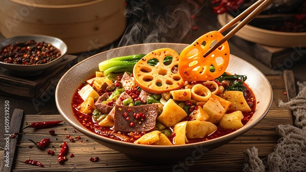 Obraz A bowl of Sichuan spicy hot pot with lotus root, meat, and vegetables, held with chopsticks, food photography, steaming hot, rich colors