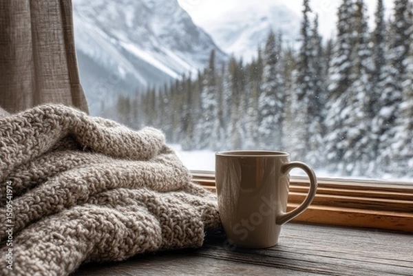 Fototapeta Cozy winter scene a beige knit blanket and steaming mug rest on a wooden windowsill overlooking a snow-covered mountain valley