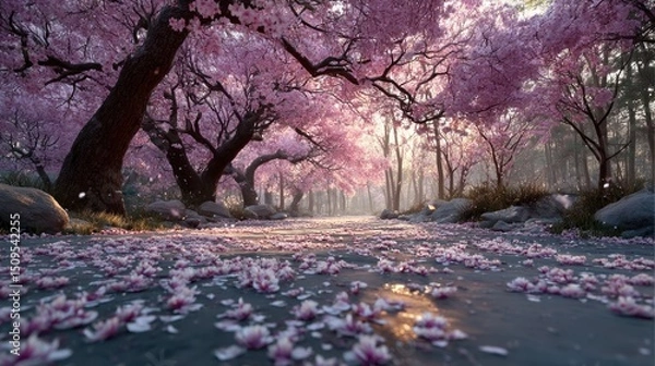 Obraz Enchanting Cherry Blossom Path: A Serene Walkway Under Pink Petal Canopy