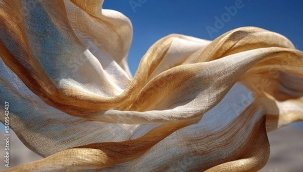 Obraz Abstract waves of light brown fabric against a blue sky background