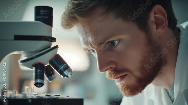 Fototapeta Scientist examining samples through a microscope in a laboratory setting