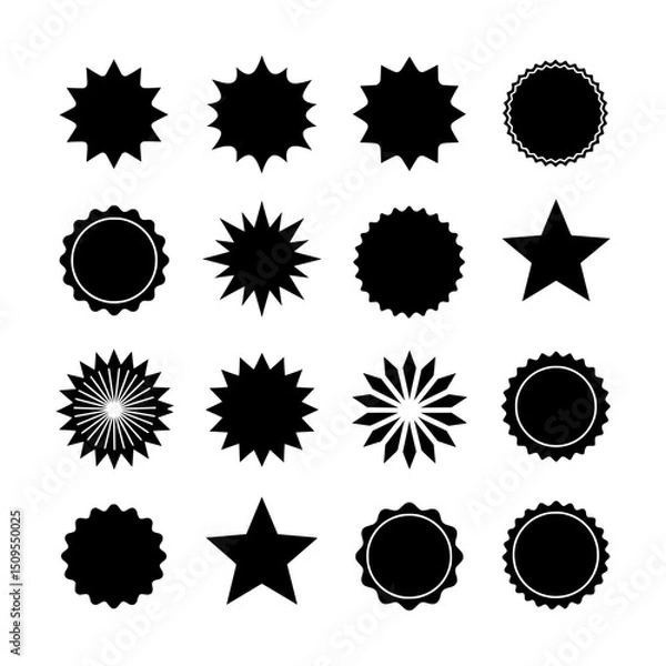 Fototapeta Diverse Collection of Black Star and Burst Icons Representing Promotion, Achievement, and Highlight