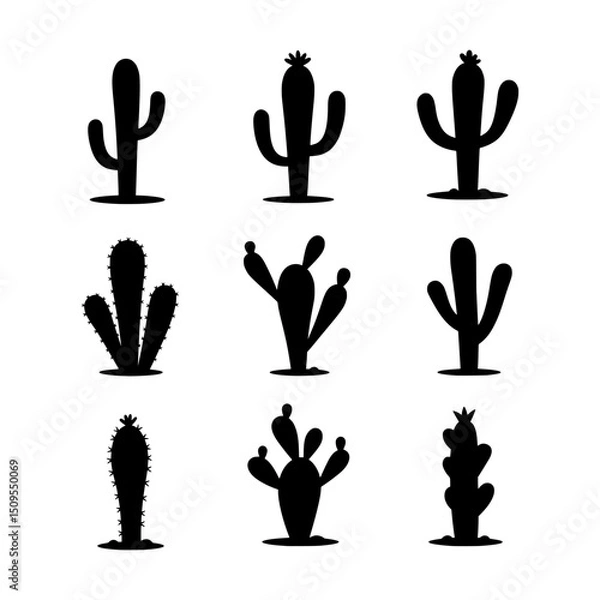 Fototapeta Assortment of Minimalist Black Cactus Silhouettes Representing Desert Flora and Southwestern Botany in Simple Graphic Forms