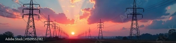 Obraz High-voltage power lines leading to a large antenna array at a power plant, transmitting energy wirelessly A futuristic energy transmission system , high-voltage, infrastructure