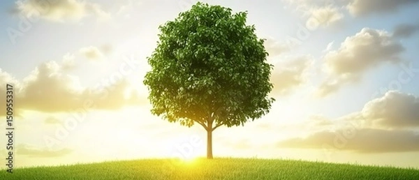 Obraz Single Green Tree on Grassy Hill at Sunset