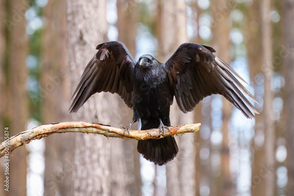 Fototapeta Portrait of Common Raven, Corvus corax. Often solitary or in pairs, but can gather in small groups. Typical call is a loud, guttural croak, but makes an astonishing variety of other strange noises. 
