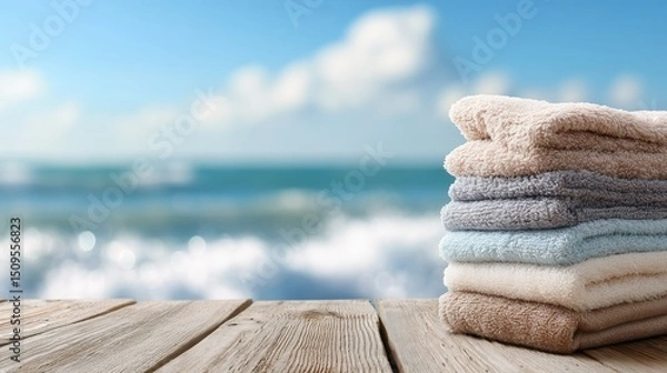 Fototapeta Towels, summer relaxation by the shore with stacked towels.