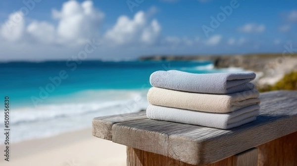 Fototapeta Towels, summer relaxation by the shore with stacked towels.