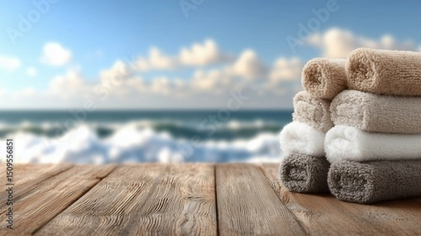 Fototapeta Towels, summer relaxation by the shore with stacked towels.