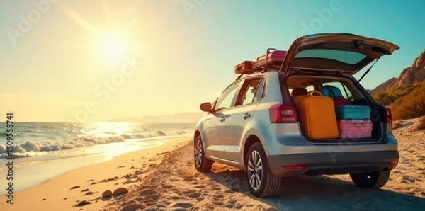 Obraz A family's packed car, brimming with luggage and beach gear, ready for a summer road trip adventure Sun shines brightly on the vehicle, symbolizing excitement and vacation , relaxation, vacation