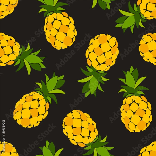 Obraz Tropical seamless pattern with yellow pineapples on a brown background. Vector fruit print