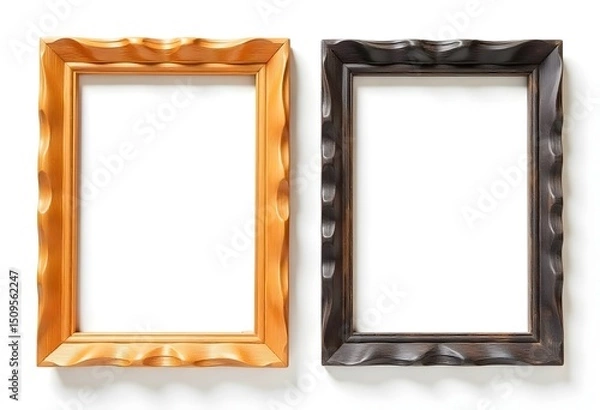 Fototapeta A collection of empty photo frames in various shapes — square, rectangle, circle — gold, black, and wooden textures, isolated on white background, realistic shadow, high-resolution PNG style, perfect 