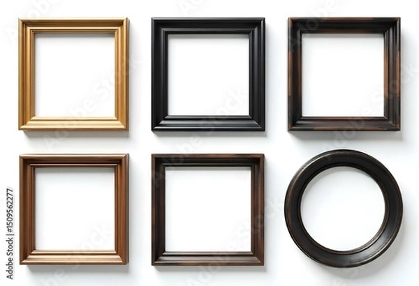 Obraz A collection of empty photo frames in various shapes — square, rectangle, circle — gold, black, and wooden textures, isolated on white background, realistic shadow, high-resolution PNG style, perfect 