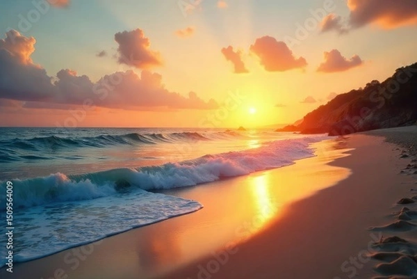 Obraz Serene coastal scene at sunset, soft golden light illuminating the tranquil beach and gently lapping waves  Perfect for travel, vacation, or relaxation themes , orange, beautiful