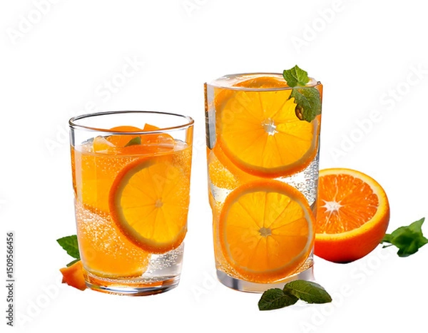 Fototapeta Refreshing Citrus Infused Water with Orange Slices in Glasses on transparent background and white background – Healthy Detox Drink Concept