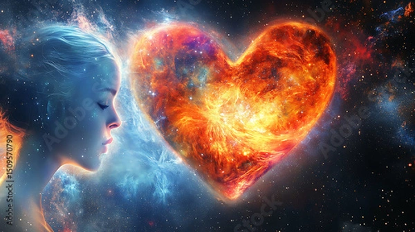 Obraz A serene profile of a woman gazes at a cosmic heart-shaped nebula in a starry universe