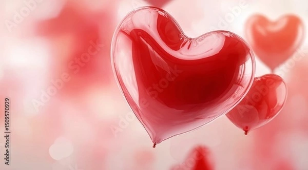 Fototapeta Shiny Red Heart-Shaped Balloons Floating Against a Soft Pink Background